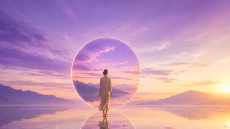 Mujer atravesando un portal de luz hacia el horizonte, simbolizando la liberación de realidades presuntivas con Barras de Access